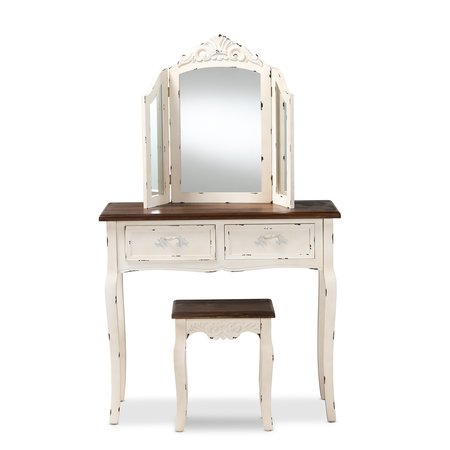 Baxton Studio Levron Traditional Two-Tone Walnut Brown and Antique White Finished Wood 2-Piece Vanity Set 194-11955-ZORO
